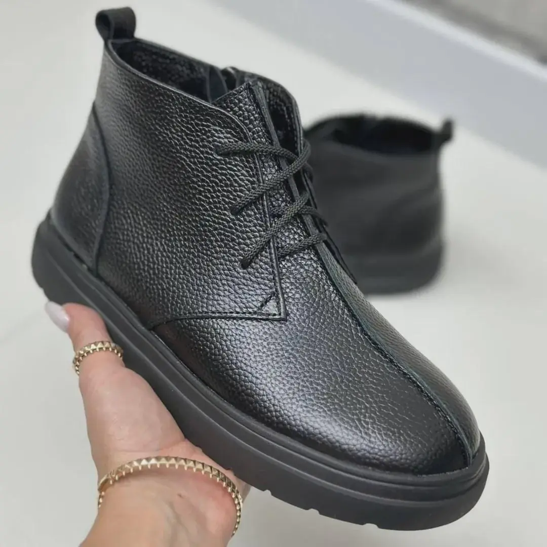 Black Leather Women Ankle Boots Handmade Fall Winter