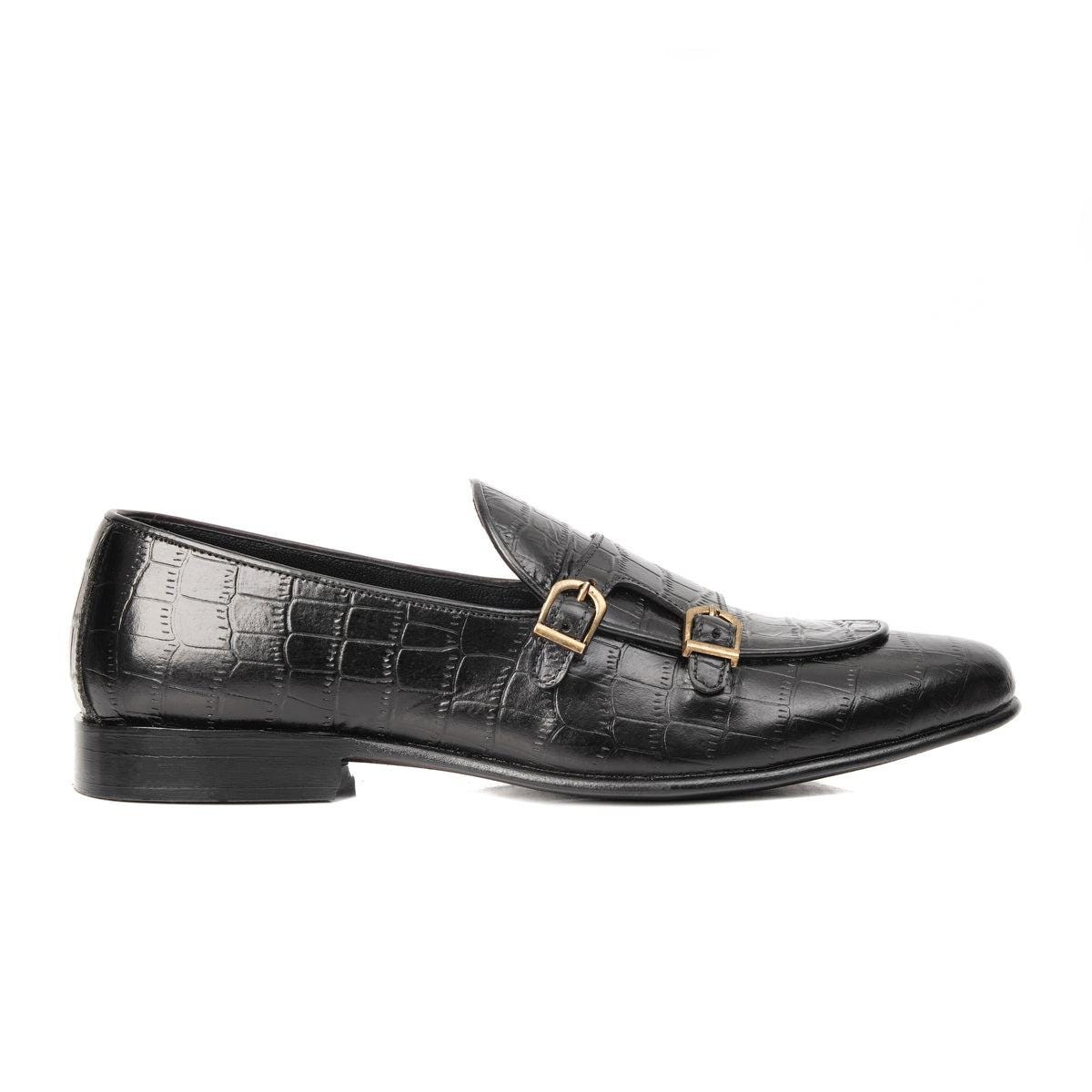 Black Croc Embossed Double Monk Loafers Bella Tread