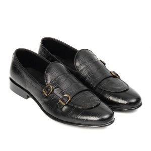 Black Croc Embossed Double Monk Loafers Bella Tread